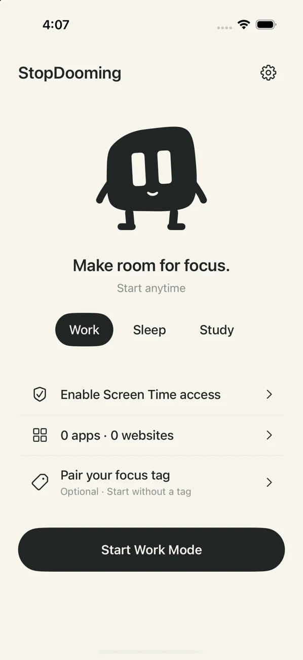 StopDooming app with Work, Sleep, Study and Start Work Mode